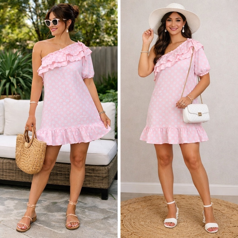 Lisa Marie Fernandez Light Pink One-Shoulder Ruffle Polka Dot Dress
02-0073